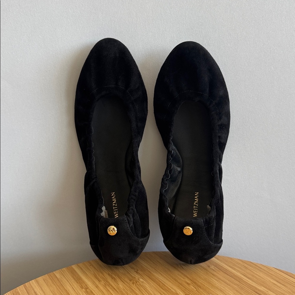 Stuart Weitzman Black Suede Ballet Flats with Gold Button Detail